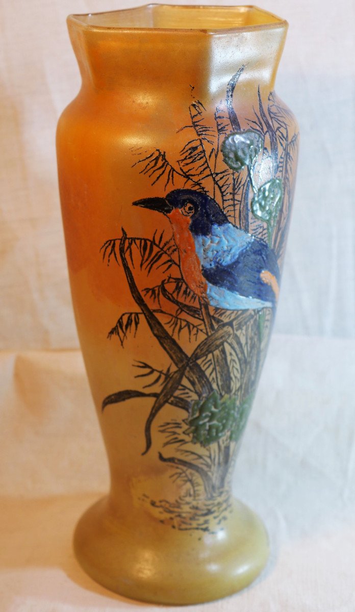 Vase Legras Verre Soufflé Décor émaillé Oiseau Et Branchages Signé « Leg » Ssl24leg002