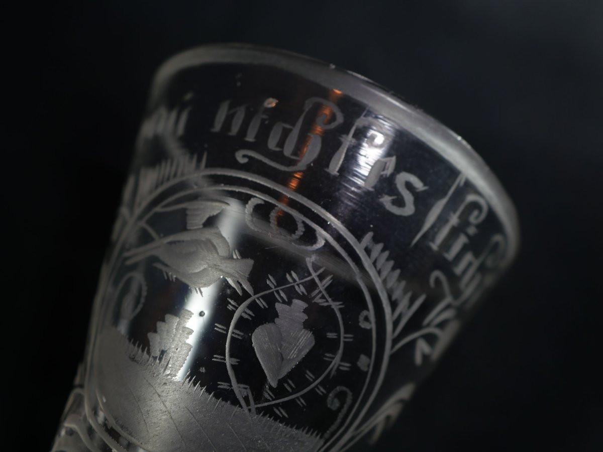 German Wheel Etched Glass Bird Holding Broken Heart Inscription 18th Century Sbx25all001-photo-3