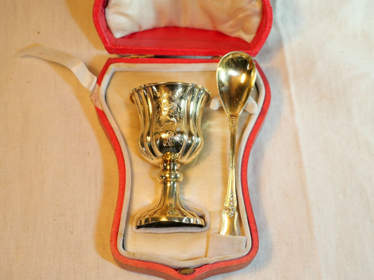 Egg Cup And Spoon In Silver Vermeil In Their Case Master Goldsmith: Paul Massat XIX -scn25rcoq001-photo-3