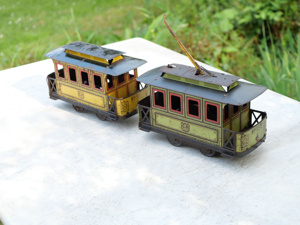 Antique Tin Toy Lithographed Mechanical Tram Complete + Charles Rossignol Wagon Huh24jou002-photo-3