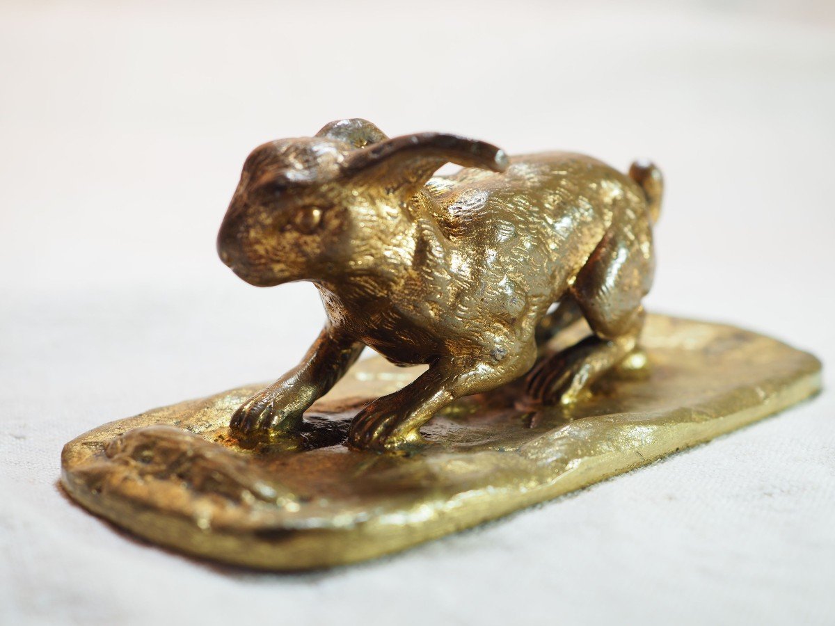 Small Animal Gilt Bronze - Rabbit On Bronze Base - Early XXIth-photo-5