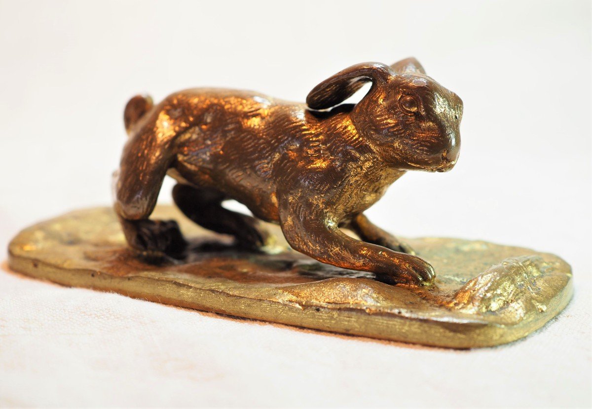 Small Animal Gilt Bronze - Rabbit On Bronze Base - Early XXIth-photo-6