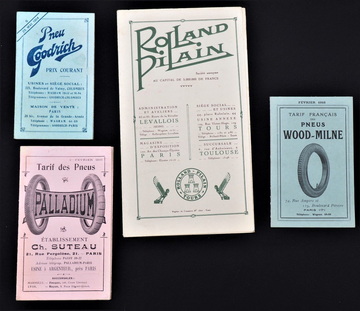 Livrets Catalogues Publicitaires Automobiles Rolland Pilain Goodrich Wood Milne Palladium