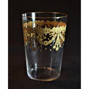 Water Glass - Baccarat - In Crystal With Engraved And Gilded Decorations - XIXth Empire Period