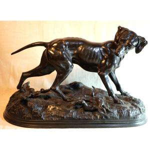 Chien De Chasse Pointer Anglais En Bronze Signé Jules Moigniez Avec Petite Perdrix Bea24bzm001 