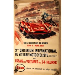 Automobilia & Motobilia -  Affiche 1963 Le Mans Critérium Motos Essais 24h et Rallye ESCULAPE