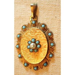 18k Gold Pendant - 18 Carats - 750 Gold Eagle Head Hallmark Turquoises And Pearl - XIX Rev24oor001