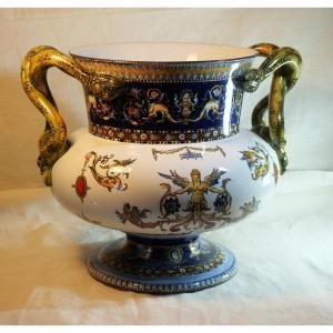 Gien Important Vase Médicis Faïence  Polychrome Lambrequins Chimères Serpents  Sch24gie001