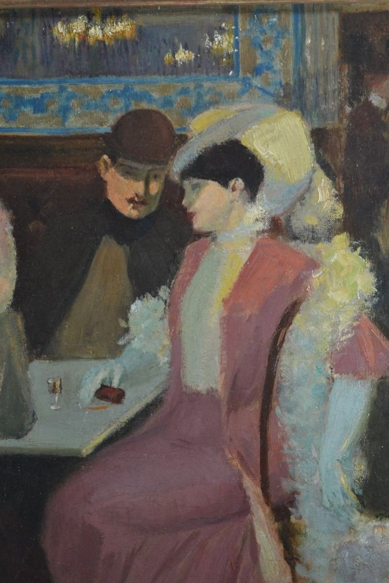 Auguste Leymarie. "elegante Ladies In A Café" Oil On Canvas-photo-3