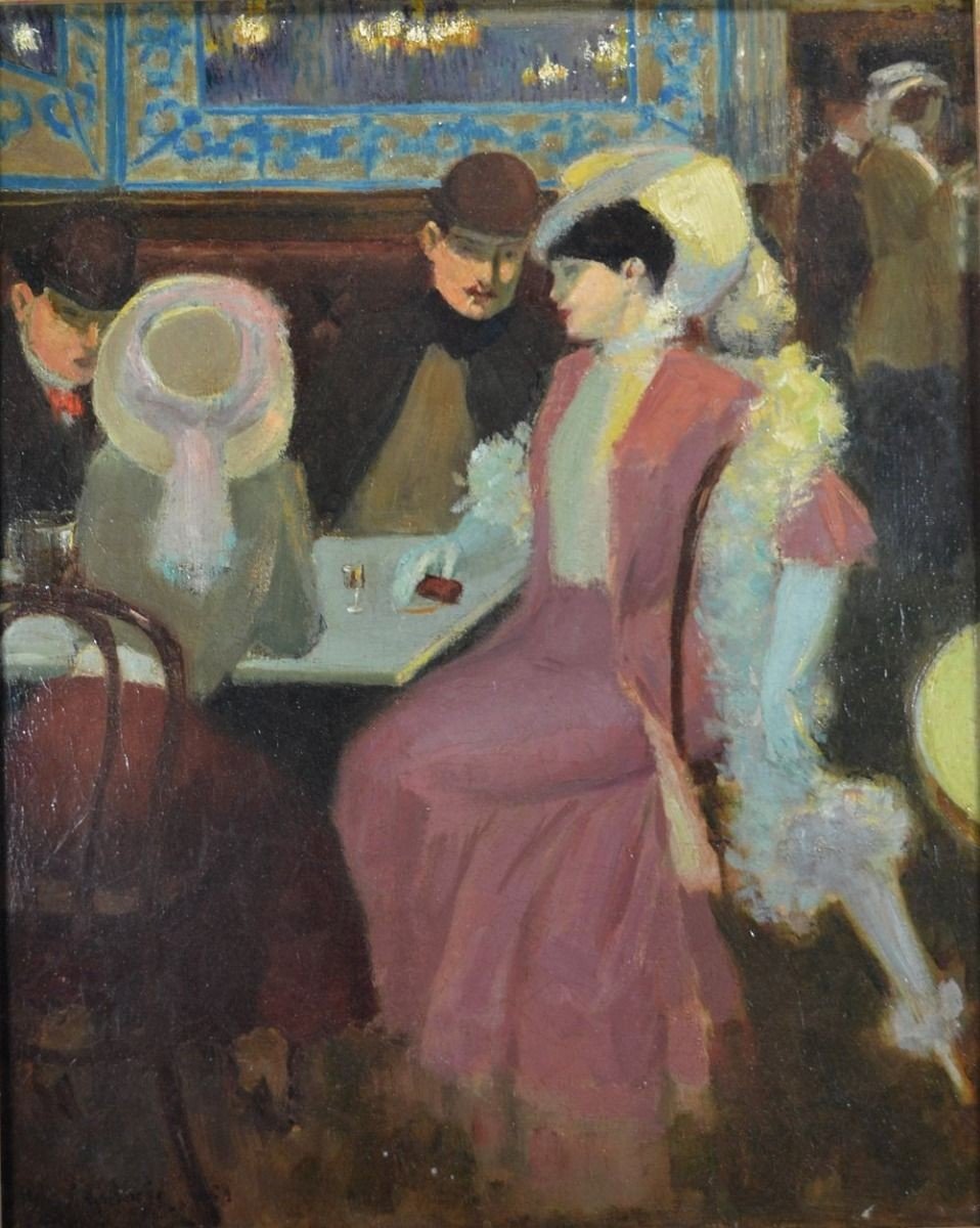 Auguste Leymarie. "elegante Ladies In A Café" Oil On Canvas