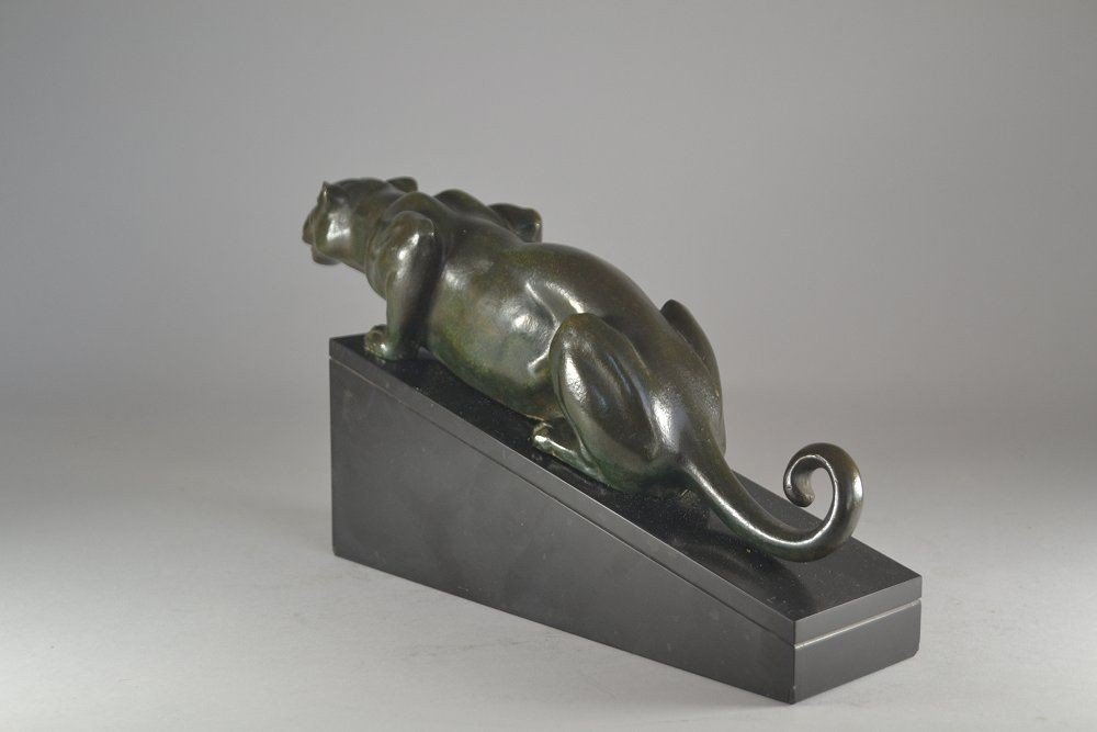 Rare Lucien Alliot Bronze Panther On Marble Base-photo-3