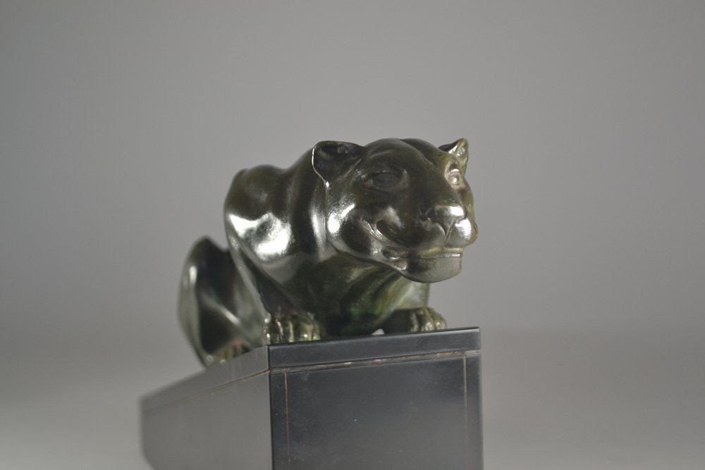Rare Lucien Alliot Bronze Panther On Marble Base-photo-6