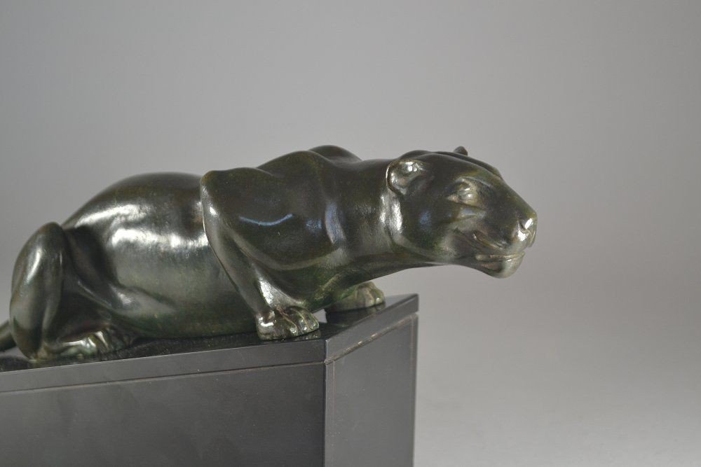 Rare Lucien Alliot Bronze Panther On Marble Base-photo-8