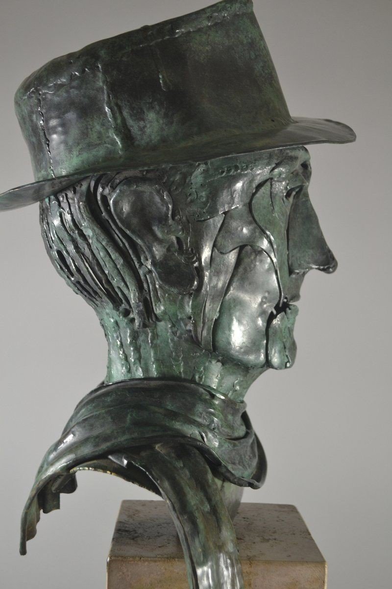 Bronze Bust Of A Man With Hat And Scarf.-photo-2