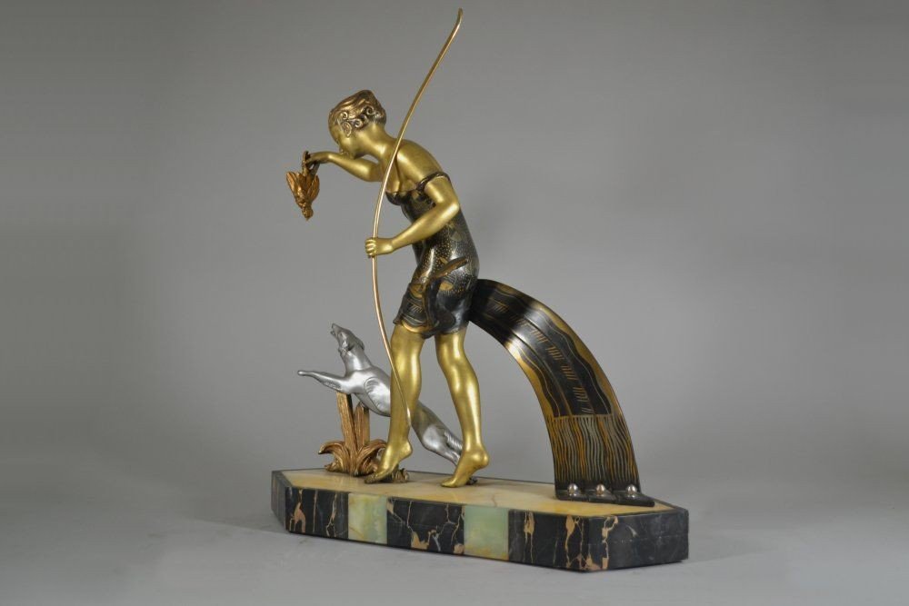 Diana Huntress Large Art Deco Figural Group. Dinanderie Like Patina.-photo-4