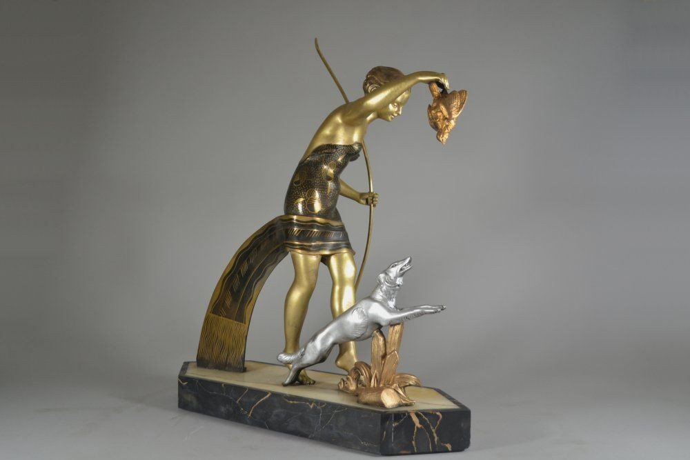 Diana Huntress Large Art Deco Figural Group. Dinanderie Like Patina.-photo-1