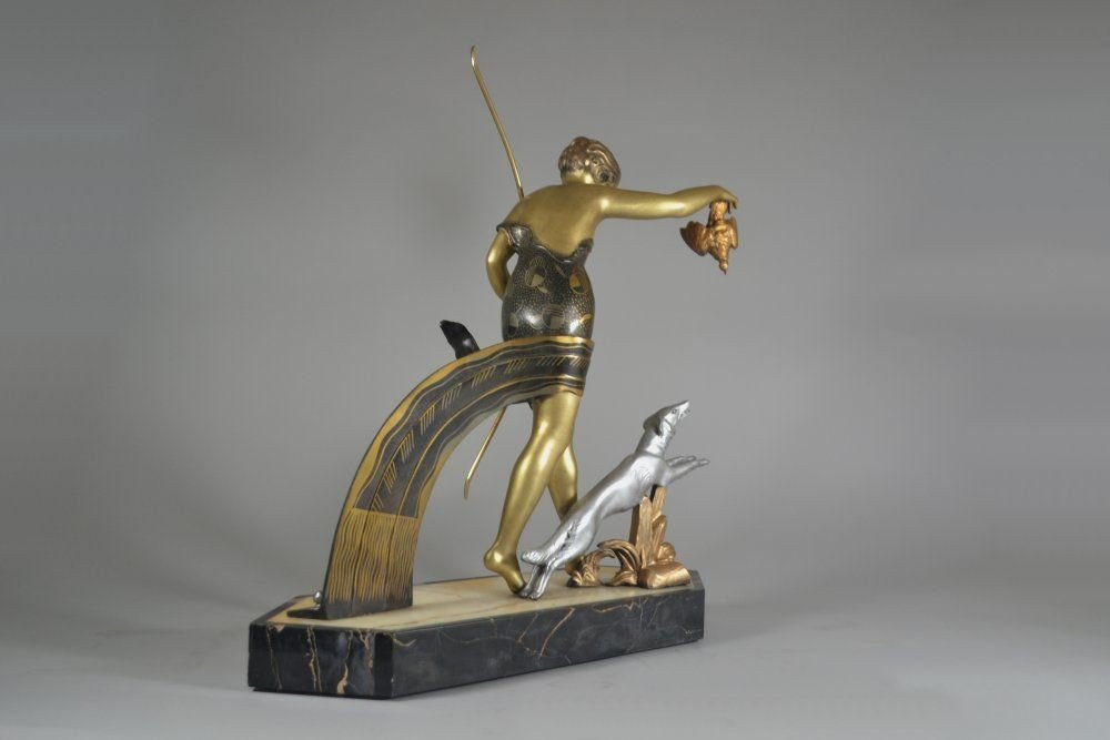 Diana Huntress Large Art Deco Figural Group. Dinanderie Like Patina.-photo-2