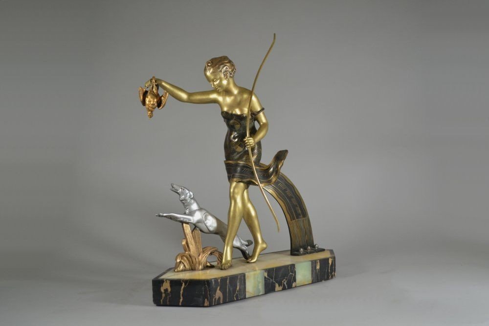 Diana Huntress Large Art Deco Figural Group. Dinanderie Like Patina.-photo-3