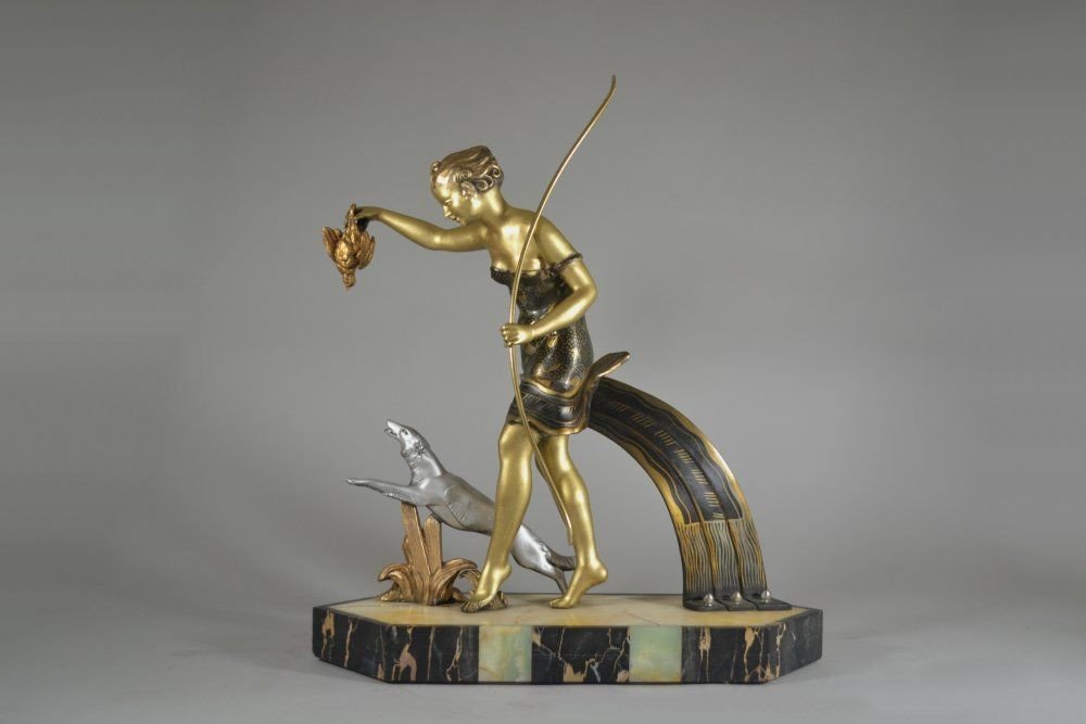 Diana Huntress Large Art Deco Figural Group. Dinanderie Like Patina.