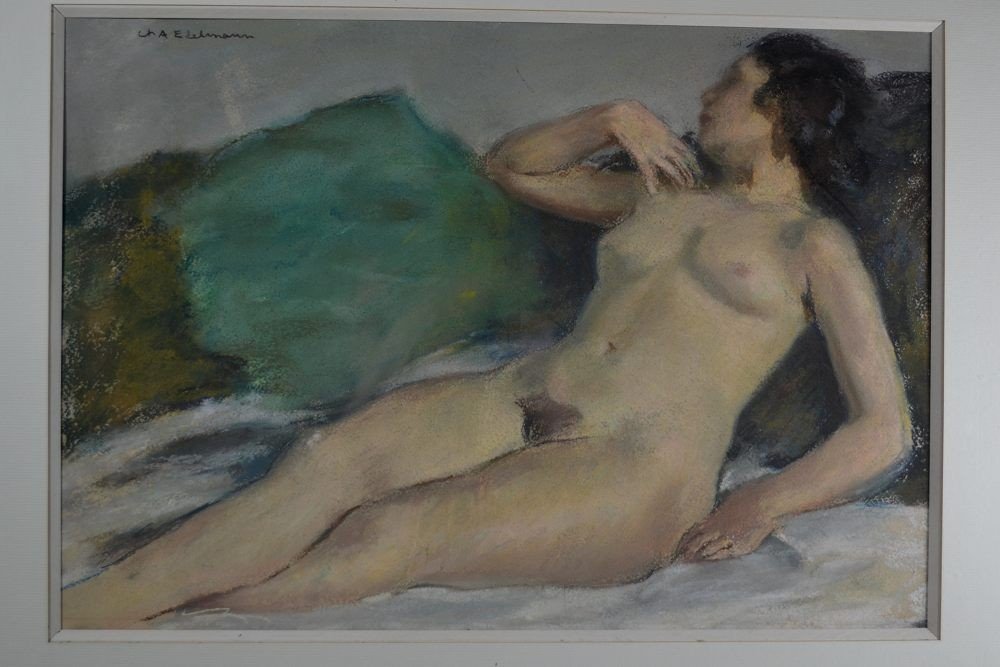 Charles Edelmann. Femme Nue Allongée. Pastel.