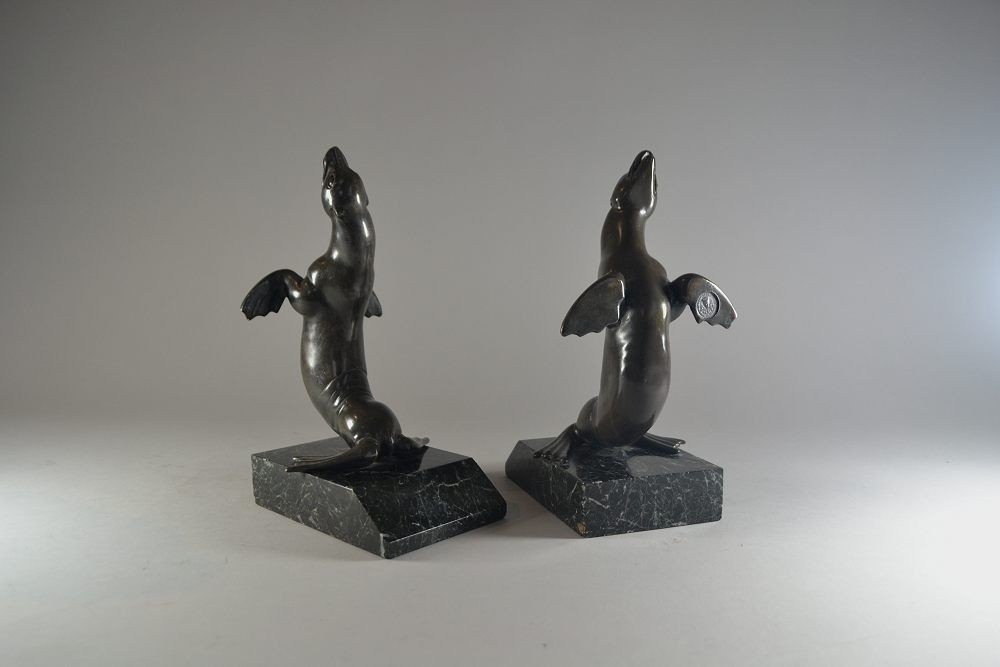 Louis Albert Carvin Sea Lions Bookends. Circa 1920.-photo-1