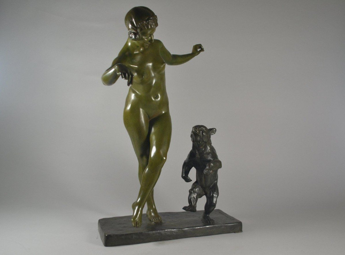 Danseuse Avec Ourson, Grande Sculpture En Bronze. Jean Verschneider.-photo-3