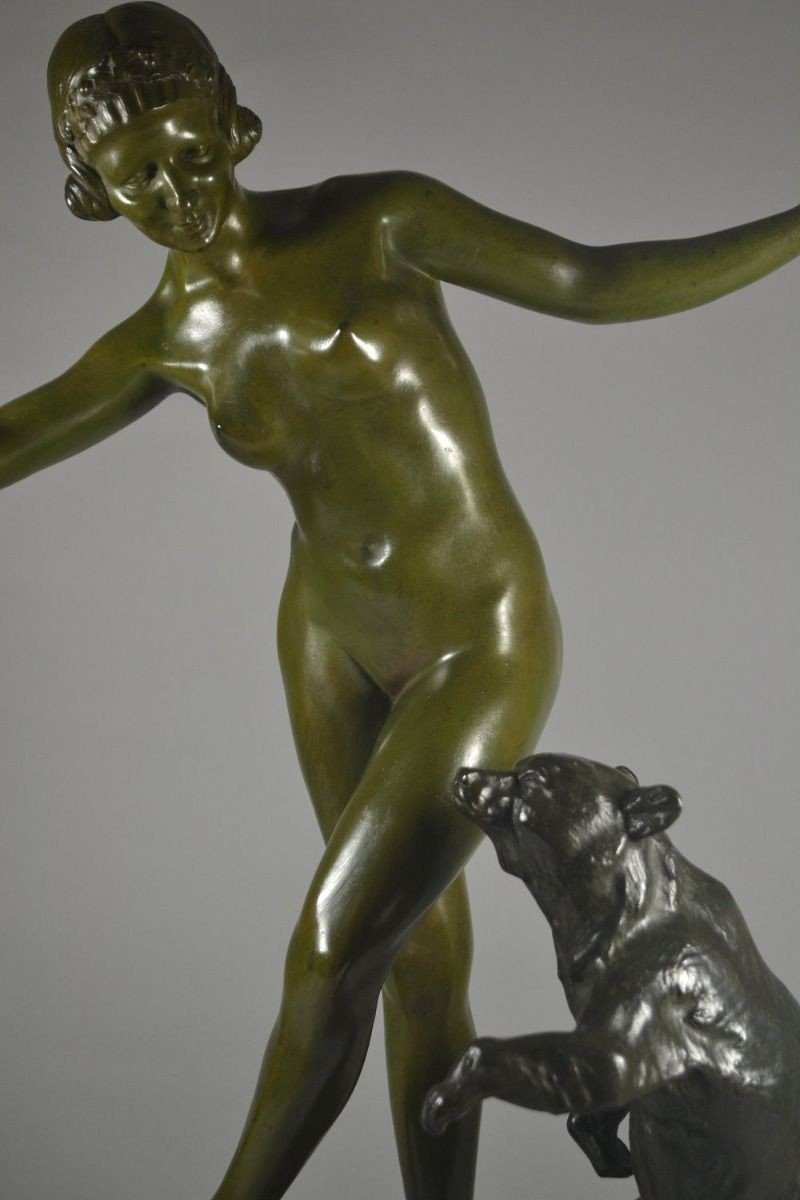 Danseuse Avec Ourson, Grande Sculpture En Bronze. Jean Verschneider.-photo-2