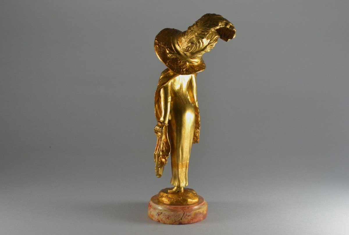 Georges Flamand. Bronze art nouveau. Elégante Au Chapeau. -photo-4