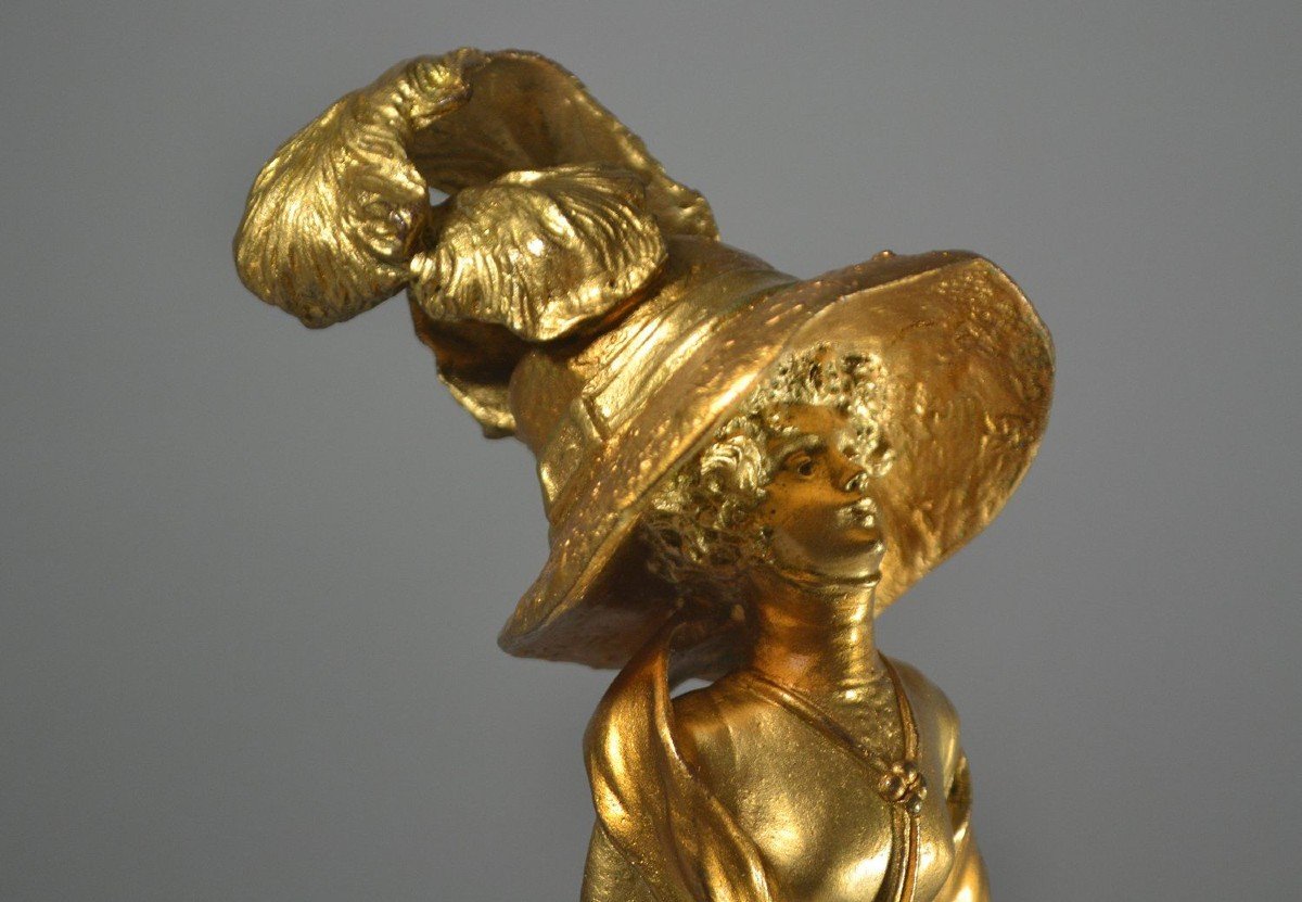 Georges Flamand. Bronze art nouveau. Elégante Au Chapeau. -photo-4