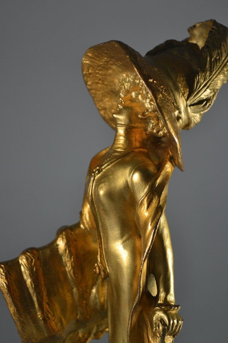 Georges Flamand. Bronze art nouveau. Elégante Au Chapeau. -photo-6