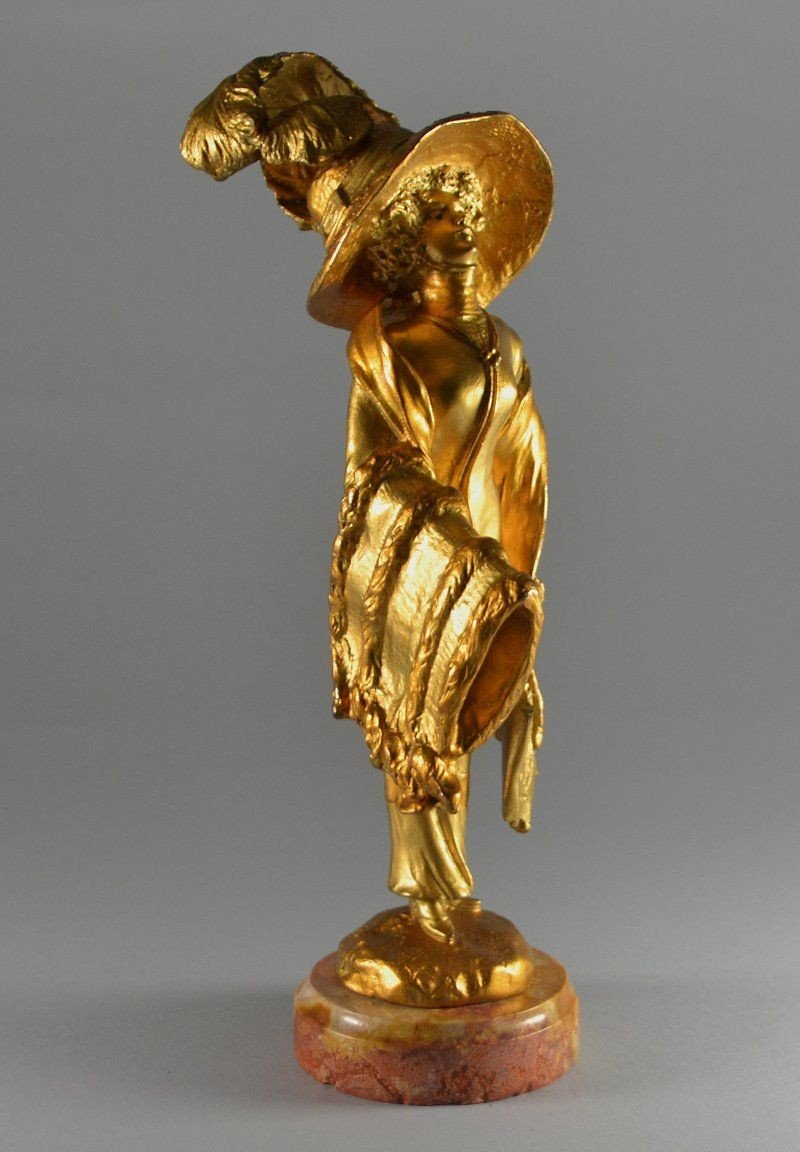 Georges Flamand. Bronze art nouveau. Elégante Au Chapeau. -photo-7