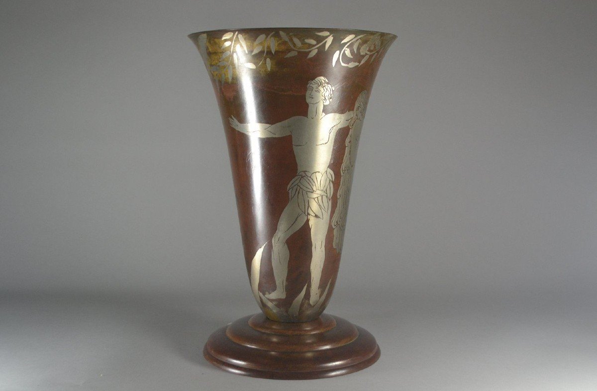 "adam & Eve" Paul Louis Mergier Rare Dinanderie Lamp Vase.-photo-1