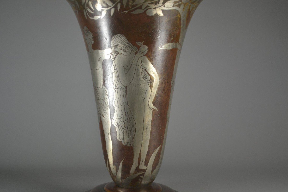 "adam & Eve" Paul Louis Mergier Rare Dinanderie Lamp Vase.-photo-2