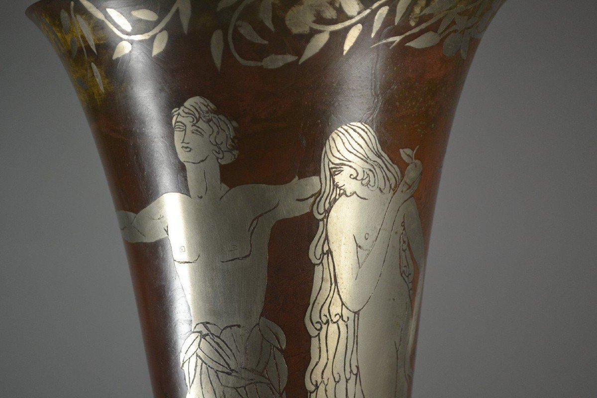 "adam & Eve" Paul Louis Mergier Rare Dinanderie Lamp Vase.-photo-6