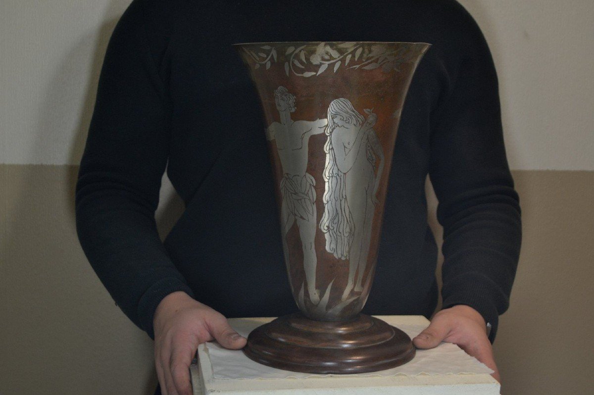 "adam & Eve" Paul Louis Mergier Rare Dinanderie Lamp Vase.-photo-7