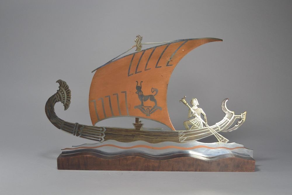 L. Gerfaux Egyptian Revival Dinanderie Boat Sculpture-photo-2