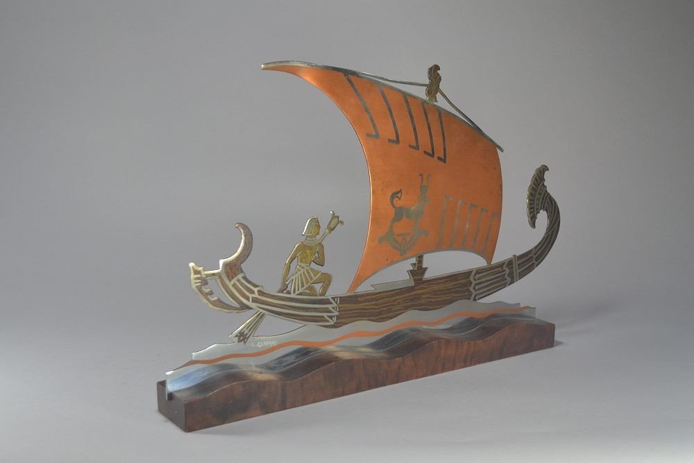 L. Gerfaux Egyptian Revival Dinanderie Boat Sculpture-photo-3