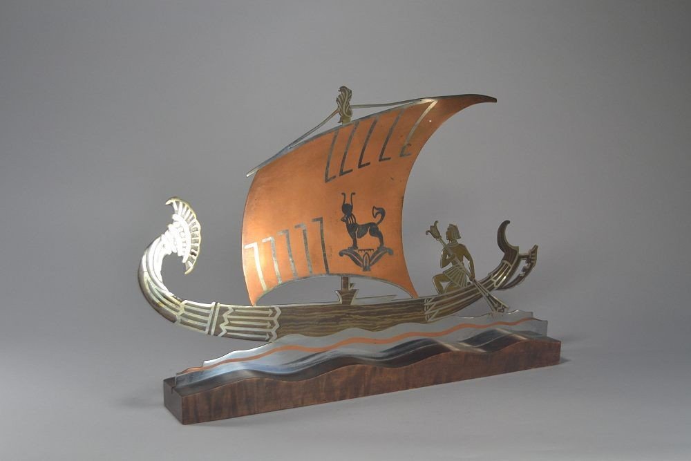 L. Gerfaux Egyptian Revival Dinanderie Boat Sculpture-photo-4