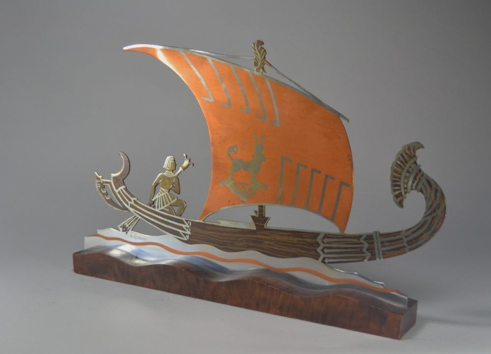 L. Gerfaux Egyptian Revival Dinanderie Boat Sculpture