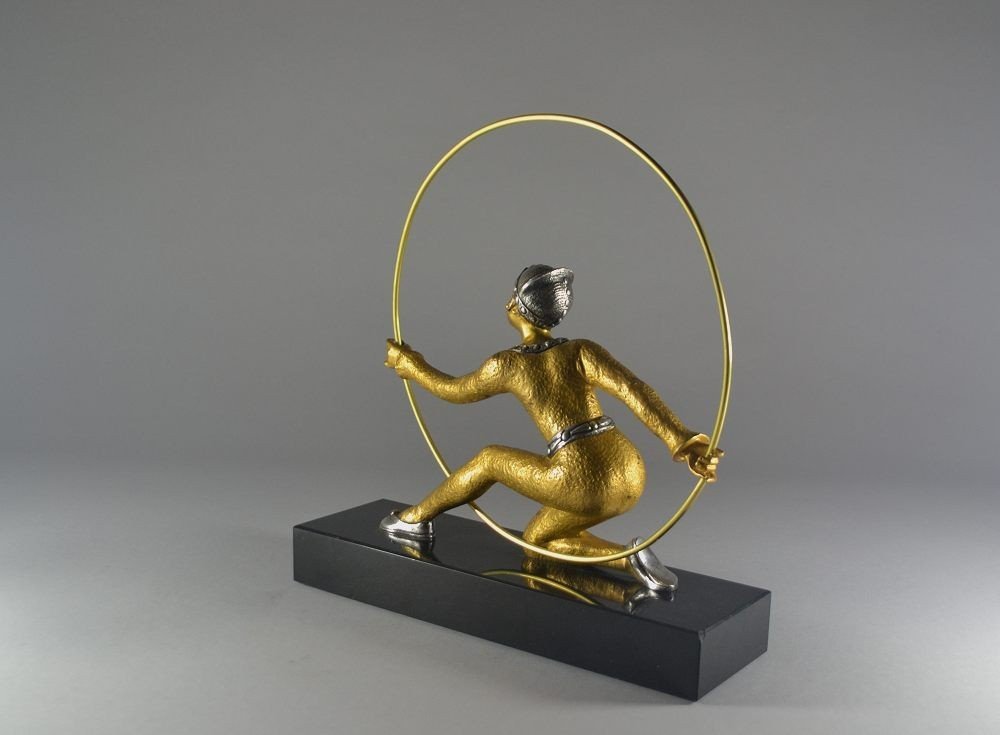 La Danseuse Au Cerceau. Sculpture Art Deco En Bronze Doré. Desirée Grisard-photo-6