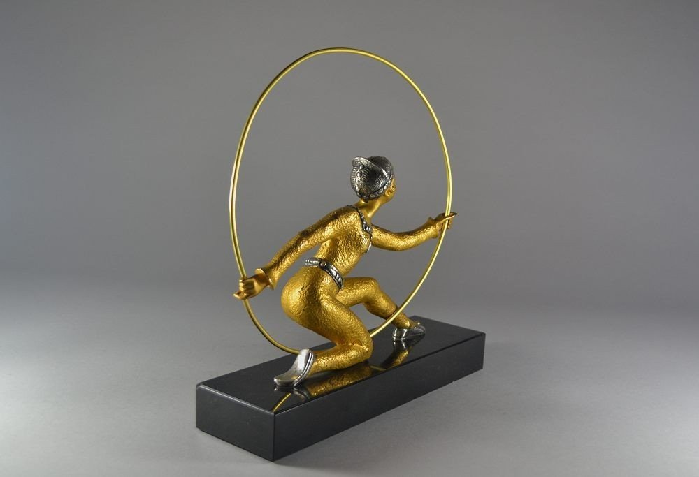 La Danseuse Au Cerceau. Sculpture Art Deco En Bronze Doré. Desirée Grisard-photo-7