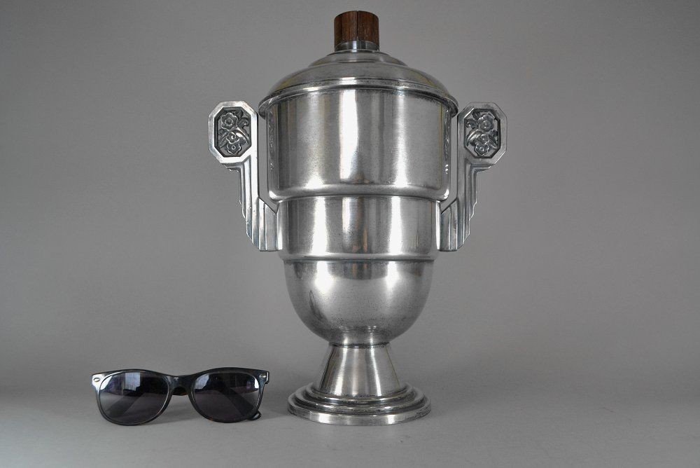 French Art Deco Silver Plated Covered Vase, Trophy.