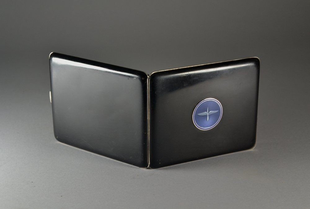 Art Deco 1930 Aviator Sterling Silver Enamel And Laquer Cigarette Case.