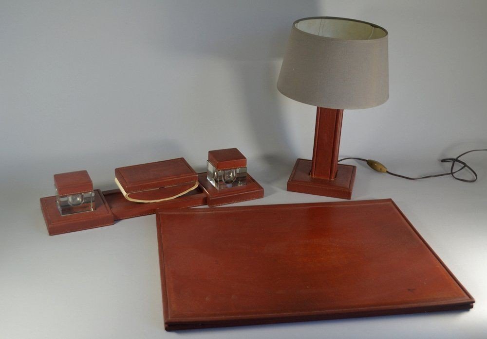 Circa 1930 Leather Desk Set . Crystal Inkwells.-photo-1