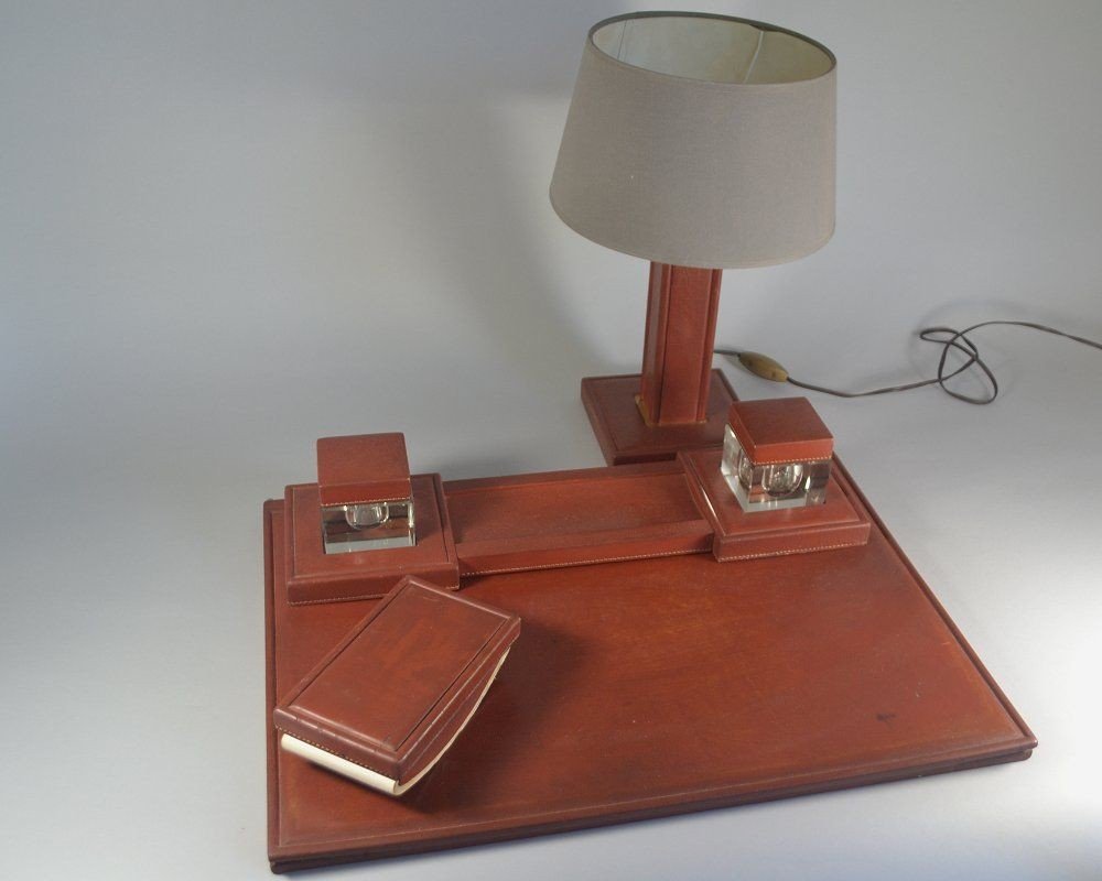 Circa 1930 Leather Desk Set . Crystal Inkwells.-photo-2