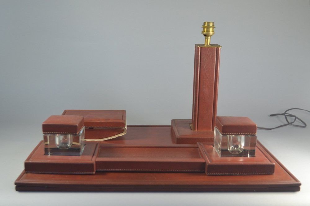 Circa 1930 Leather Desk Set . Crystal Inkwells.-photo-3