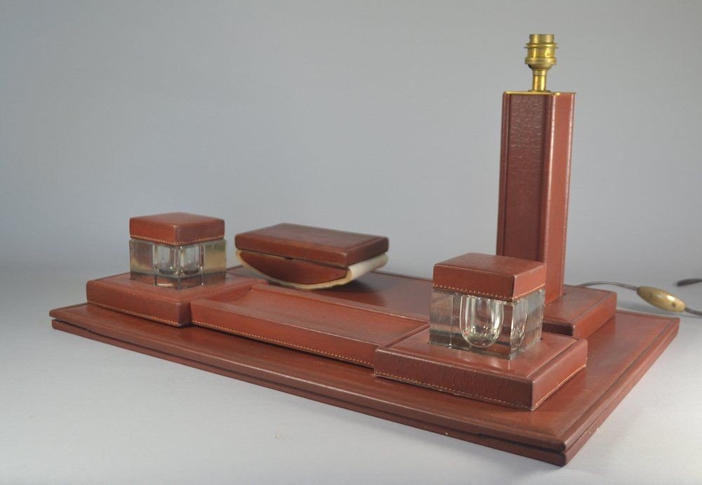 Circa 1930 Leather Desk Set . Crystal Inkwells.-photo-4