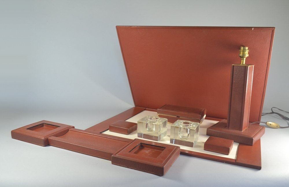 Circa 1930 Leather Desk Set . Crystal Inkwells.