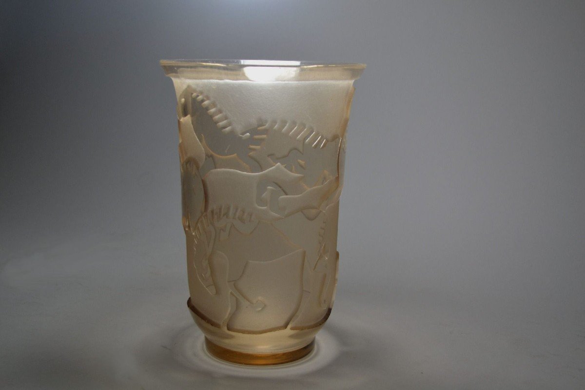 Art Deco Modernist Glass Vase With Horses. Jean Luce (attr.)