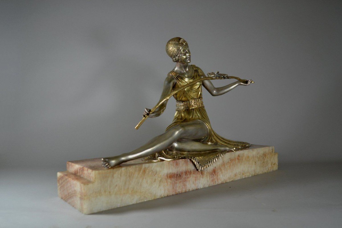 Joe Descomps Large Art Deco Bronze. Lady With Birds-photo-4